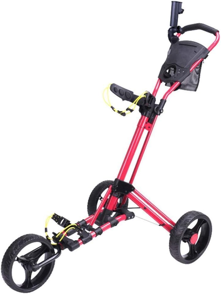 Carrello Pieghevole a 3 Ruote, Carrello Facile da Spingere e Tirare con Supporto for ombrellone e Tee, Carrello da Golf con Apertura e Chiusura Rapida(Red)
