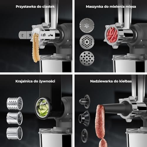 Fentic Robot kuchenny 2000 W, robot kuchenny, procesor żywności, miska do mieszania 6,2 l, w zestawie maszynka do mielenia mięsa, blender i dodatkowe akcesoria (Antracytowy)