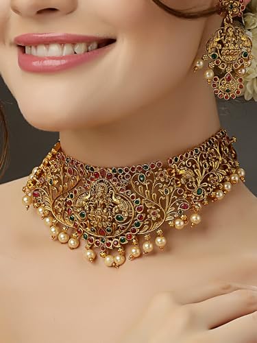 Image of Shining Diva Fashion Stylish Fancy Pearl Choker Traditional Jewellery Set for Women | Temple Necklace Set | Festive Wedding Party Necklace | 22k Gold Plated | Just Like Original Gold Jewellery