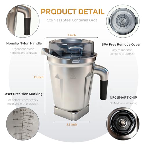 Image of Built-in Chip 64oz Stainless Steel Container Blender Pitcher, Replacement Jar Compatible with Vitamix 5200, 750, 6300, E310, Vm0103, Vm0197, E310, A2500, Explorian,Ascent Series, 5 Years Warranty