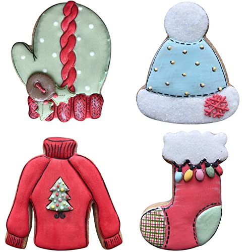 Liliao Winter Holiday Christmas Cookie Cutter Set - 4 Piece - Ugly Sweater, Stocking, Hat And Mitten Fondant Biscuit Cutters - Stainless Steel #TOP1