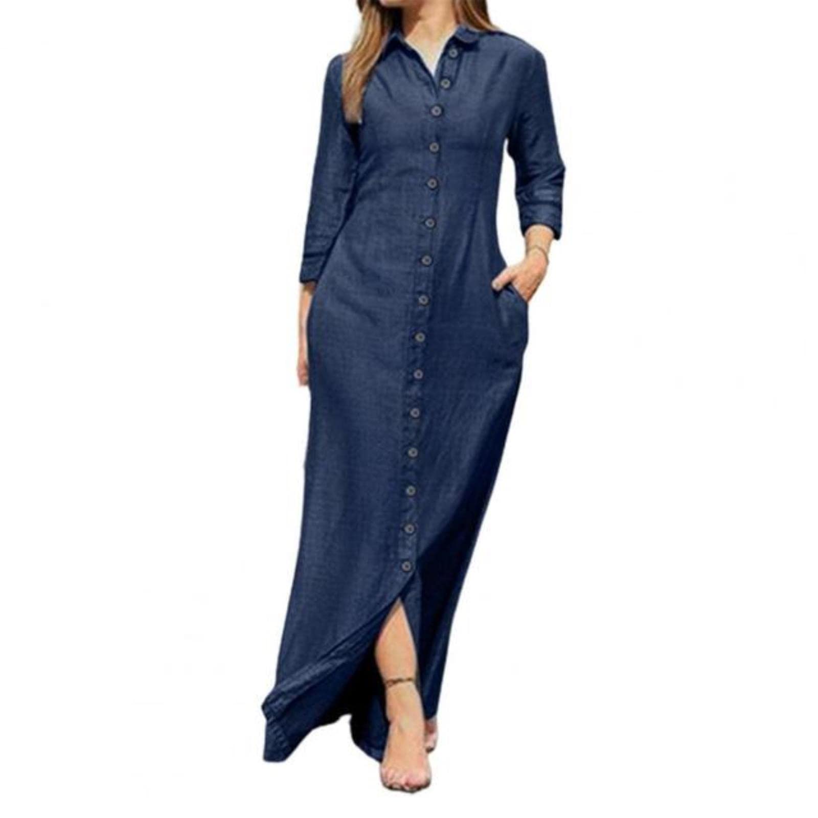 VOIV Shirt Dresses Turn-Down Collar Women Dress Two Pockets Single Breasted Denim Maxi Dress Party Robe