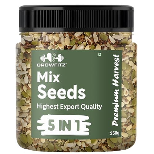 Image of Growfitz 5 -in-1 Super Seed Mix | 250g | 20.5g High Protein & Fiber | Roasted Pumpkin, Sunflower, Flax, Chia, Soy Nuts & Sesame | Healthy Snack | Export Quality Superfood