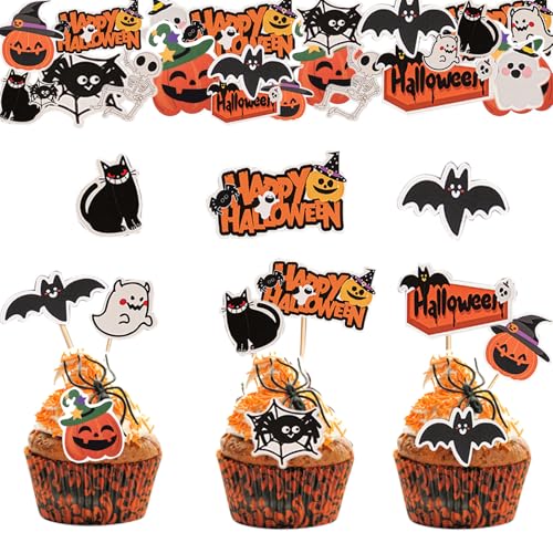 100 peças de decoração bolos de aniversário de Halloween, abóbora, morcego, fantasma Halloween Cupcake Toppers decoração, enfeites para bolos para festas de aniversário meninos e meninas