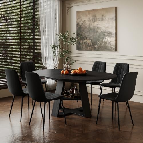 KATBOC 43.3-59" Extendable Round Dining Table Set for 6, 7 Piece Oval Kitchen Table with 6 Black Velvet Dining Chairs, Wooden Dining Table Set with Upholstered Chair for Small Spaces, Apartment