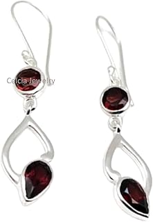 Pendientes colgantes de plata de ley 925 maciza para mujer, pendientes de piedra natal de enero únicos con piedras preciosas facetadas de granate rojo natural