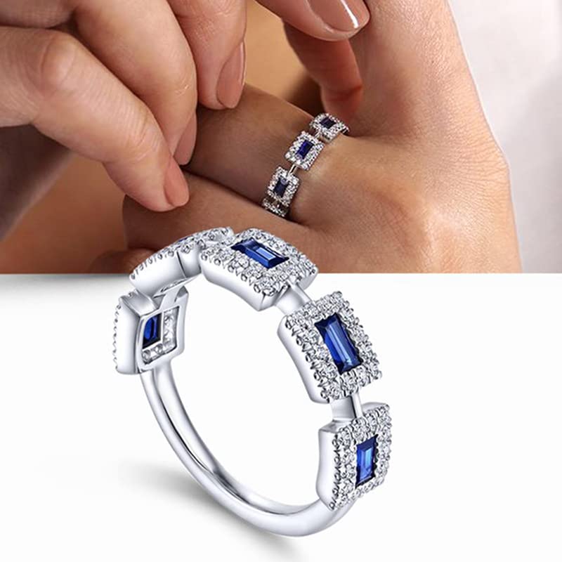 Bague fiançailles argent 925 avec saphir bleu carré en cristal d'exception