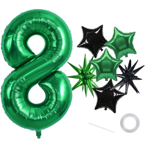 Image of TONIFUL 8th Birthday Balloons 40 Inch Green Large Number 8 Foil Balloon 18 Inch Helium Mylar Heart Star Shaped Ballons for Boys Men Birthday Anniversary Graduation New Year Eve Party Decoration