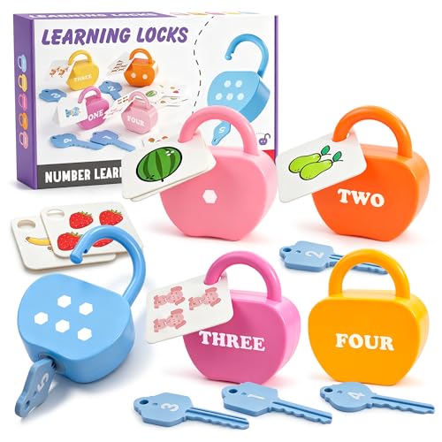 Image of GEERAY Cause and Effect Toys for Toddlers 3+, Montessori Lock & Key Set with 5 Apple-Shaped Locks, Keys & 10 Cards - Learn Numbers, Colors & Motor Skills STEM Toy Gift for Home & Classroom