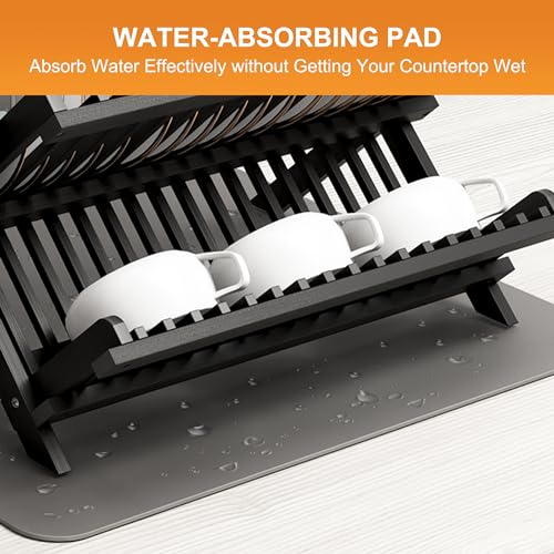 Greenual Black Bamboo Dish Drying Rack with Utensil Holder, 2 Tier Collapsible Dish Rack, Wooden Dish Racks for Kitchen Counter, Folding Drying Holder with Absorbent Dish Drying Mat by Greenual - Used condition - Image 6