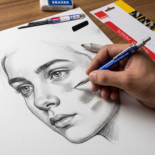 Image of Isomars Mechanical Drafting Pencil 2mm with Built-in Sharpener, 10 Leads & Eraser | Non-Slip Metal Grip Technical Pencil for Drawing, Sketching & Writing