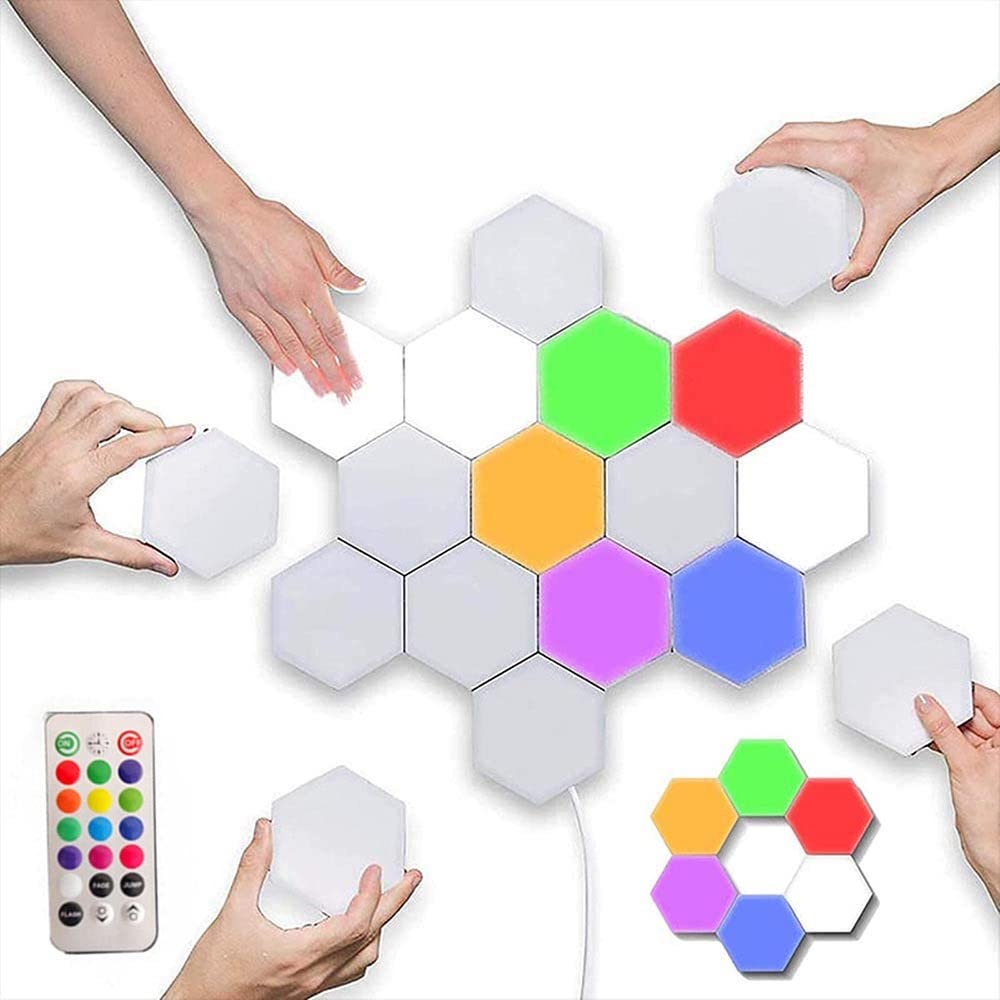 Kit de Empalme de LED Inteligente Luz de Pared Hexagonal RGB Paneles Modulares Sensibles Al Tacto Empalme de Geometría de Bricolaje Luz Cuántica con Control Remoto, 6Pcs