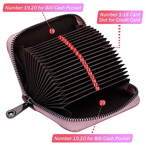 Image of Credit Card Case Wallet RFID Blocking Card Holder for Women or Men Genuine Leather Small Accordion Wallet with zipper Pink Black