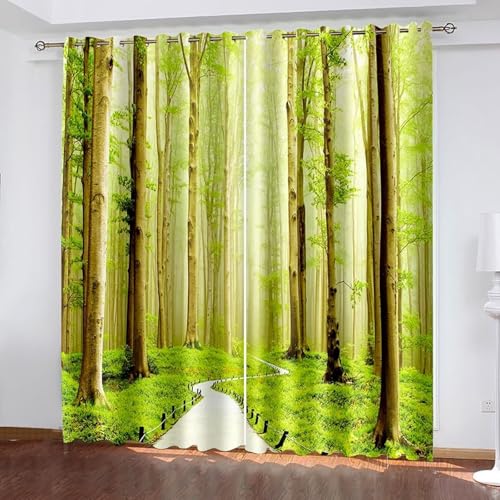 ANAZOZ Cortinas para Habitacion con Ojales,2 x 102W x 214H CM,Dos Piezas Cortinas Salón Modernas Opacas Paisaje de Forestal y Sendero Cortina de Verde Marrón Balcon