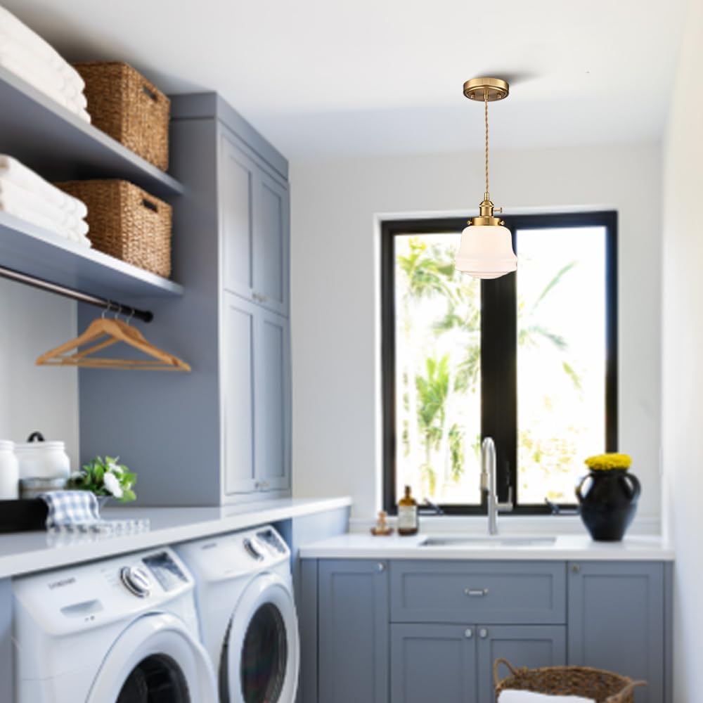 Industrial Milk Glass Pendant Light Fixture, Vintage Brass Adjustable Schoolhouse Hanging Light, Retro Mid Century Pendant Lighting for Kitchen Island Hallway Schoolhouse Dining Room Bedroom