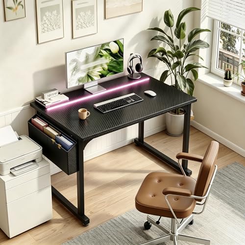 Image of DurayLoly 32 inch Gaming Desk with Waterproof LED Lights, Carbon Fiber Desktop for Small Spaces | Home Office Study Computer Desk with Storage Bag & Headphone Hook, Black