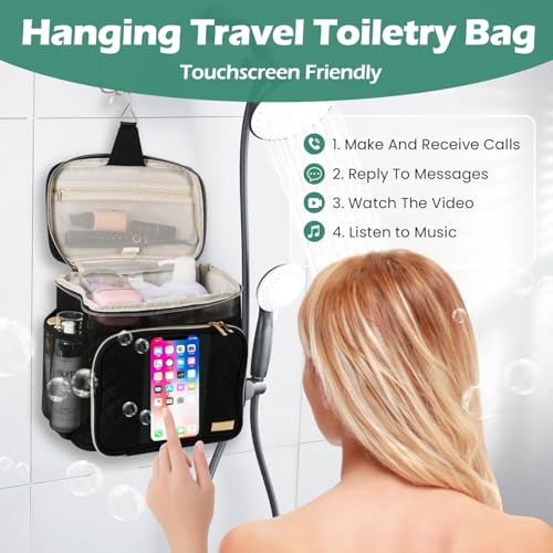 Travel Toiletry Bag for Women, Water Resistant Portable Hanging Toiletry Bags for Traveling, College Dorm, Bathroom, Gym, Shower Caddy, Organizer for Full Sized Bottles, Toiletries (Black)2