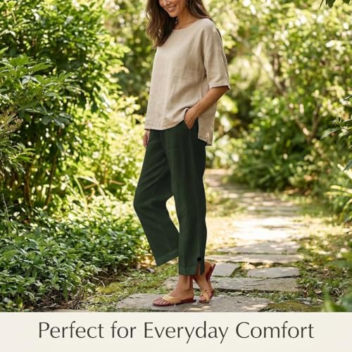 Image of Linen Pants Women 2026 Summer Beach Vacation Trousers Elastic Waist Linen Capris Pants Boho Casual Travel Pant