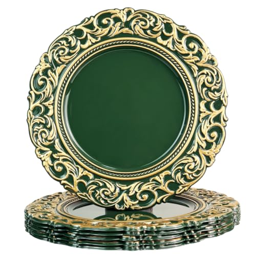 Umisriro Green Charger Plates with Gold Embossed Rim, Plate Chargers for Dinner Plates. Set of 6, Plastic Charger for Dinner and Party, Christmas, Thanksgiving.