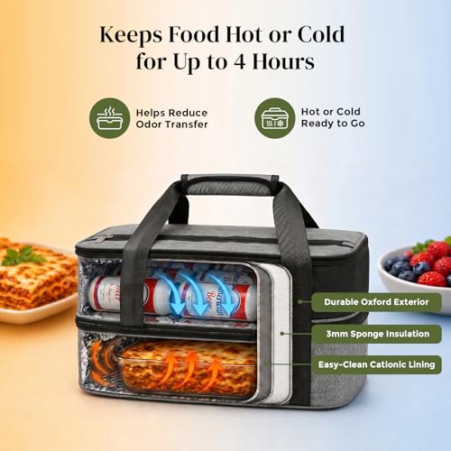 Image of DOWAN Insulated Casserole Carrier for 9x13 Baking Dish - Expandable Double Decker Food Carrier Bag for Hot or Cold Food, Thermal Lasagna Lugger Tote for Potluck, Picnic, Party & Travel - Grey