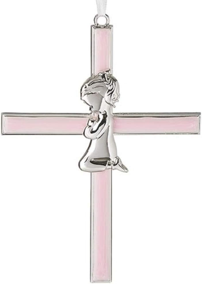 Roman Girl Kneeling to Pray Soft Pink and Silver 6 inch Zinc Alloy Metal Wall Cross