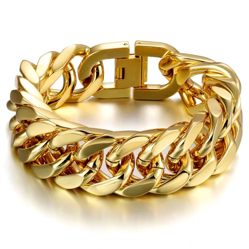 AFSTALR Gold Bracelet for Men Stainless Steel Cuban Link Bracelets 17mm Wide Flat Hip Hop Chain Bangles Mens Jewellery Birthday Gifts for Him Dad Boys 22cm