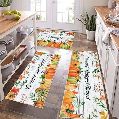 Pauwer Fall Kitchen Rug Sets of 3, Pumpkin Floor Mats, Farmhouse Non Skid Washable Kitchen Runner Throw Rugs for Laundry Room, Thanksgiving Decor