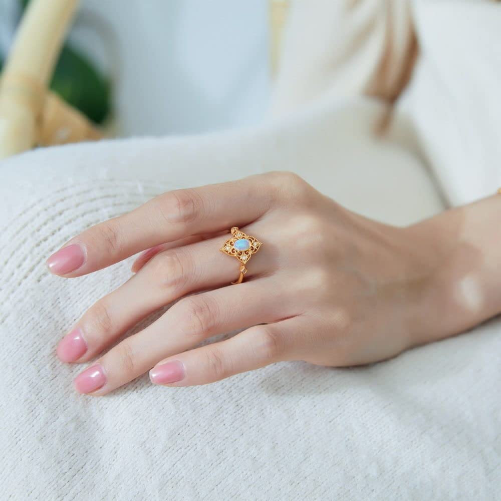 Anello In Argento Sterling 925,Anelli Rotondi Regolabili Per Donna Opale Ovale Argento Sterling 925 Zircone Floreale Retrò Placcato Oro 7 Chakra Fedi Nuziali Promettono Anelli Per Ragazze Signore