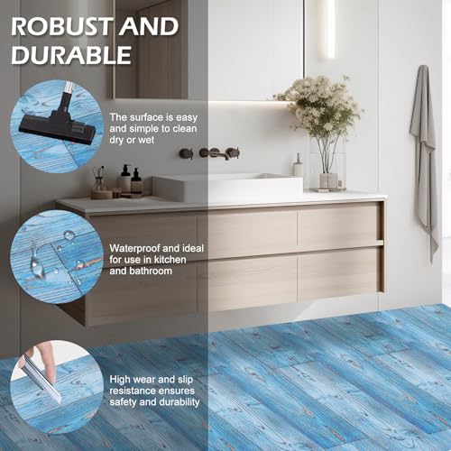 Vinyl Bodenbelag, 10 Stück Selbstklebende Bodenfliesen, Vinylboden Wasserdicht, PVC Bodenbelag, Holzoptik Vinylboden für Küche Balkon Wohnzimmer (Blau)