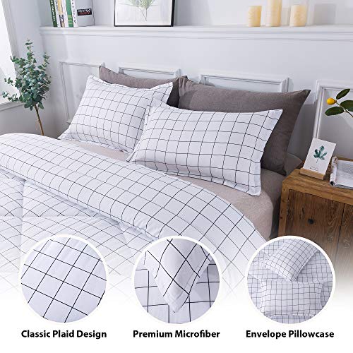 Andency White Grid Comforter Full(79X90Inch), 3 Pieces(1 Plaid Comforter And 2 Pillowcases) White Plaid Comforter Set, Microfiber Down Alternative Comforter Bedding Set #TOP2