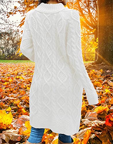 Dyexces Womens Long Cardigans Sweater Coats Cable Knit Open Front Leather Buckle Outerwear Sweater White #TOP2