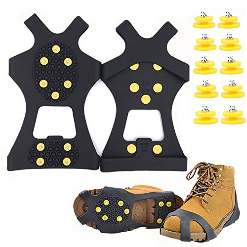 Fiersh Ice Cleats - Snow Grips Crampons Anti-Slip Traction Cleats Ice & Snow Grippers for Shoes and Boots - 10 Steel Studs Slip-on Stretch Footwear for Women Men Kids (Extra 10 Studs) (Small)