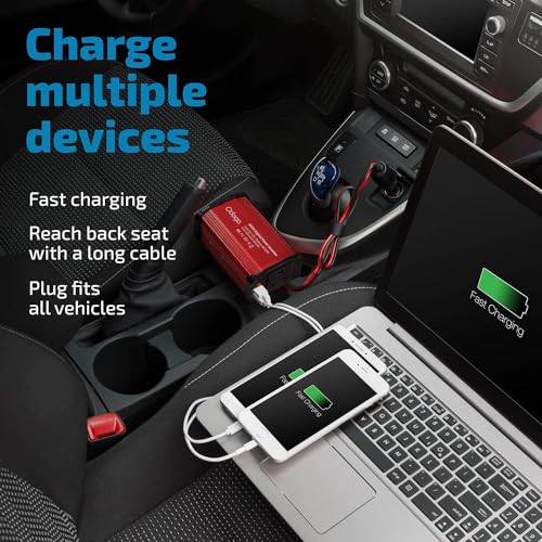 Odoga 300W Car Power Inverter 12V to 240V / 230V Converter, Dual USB 4.8A Charging Ports - Charge Your Laptop, iPad, iPhone, Tablet, Consoles & More - Durable and Powerful - Red Aluminum Body - Image 6