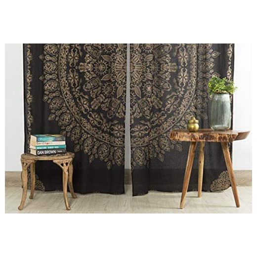 Popular Handicrafts Indian Hippie Mandala Bohemian Beautiful Black Gold Window Drapery Curtain Bedroom Living Room Balcony Valance Panels