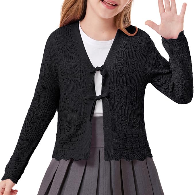 GRACE KARIN Girls Long Sleeve Cardigan Sweater Tie Front Bow V Neck Crochet Knit Lightweight Shrug 5-12 Years