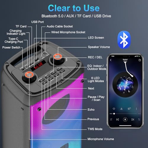Bluetooth Speaker, 80W Peak Outdoor Speakers Bluetooth Wireless, TWS Portable Party Speakers with Subwoofer, Deep Bass, LED Colorful Lights, Loud Stereo Sound Boombox for Home, Camping, Travel by TAMPROAD - Used condition - Image 9