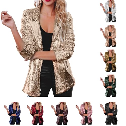 Generisch Blazer de lentejuelas para mujer, chaqueta con purpurina, abrigo, otoño, ropa de exterior, ropa de fiesta, traje de Nochevieja, A-negro., L