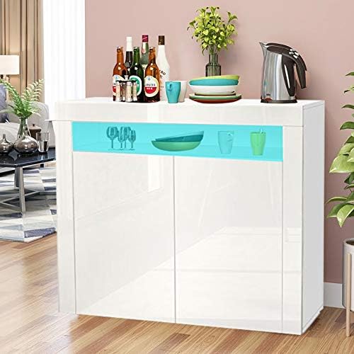 Dripex LED Sideboard Cabinet - Storage Cupboard unit with Matt Body & High Gloss Front for Dining Room Living Room (White 2 Doors)