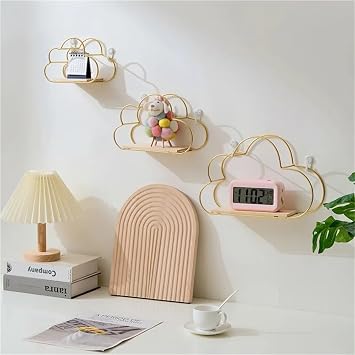 Creative Cloud Iron Shelving Wall Shelf Wooden Clapboard Nordic Style Decoration Children Room Decoration Display Stand(S-Black)