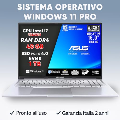 VivoBook Pc Portatile, Notebook i7 13620H, 40GB RAM DDR4, SSD 1TB, DISPLAY IPS WUXGA 16,0" FULL HD, Computer Portatile, Laptop con Tastiera Retroilluminata, Fingerprint, 16" - Garanzia 3 Anni - Notebook - Immagine 2