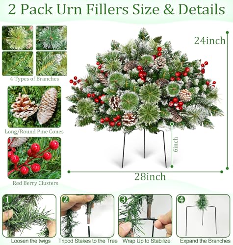 Timer - 2 Pack 24" Lighted Outdoor Christmas Tree Urn Fillers,Warm White&Colorful Lights 8 Mode Snowy Pinecone Red Berry Battery Operated Tripod Stake Holiday Planters Outdoor Christmas Decorations by AMENON - Image 4