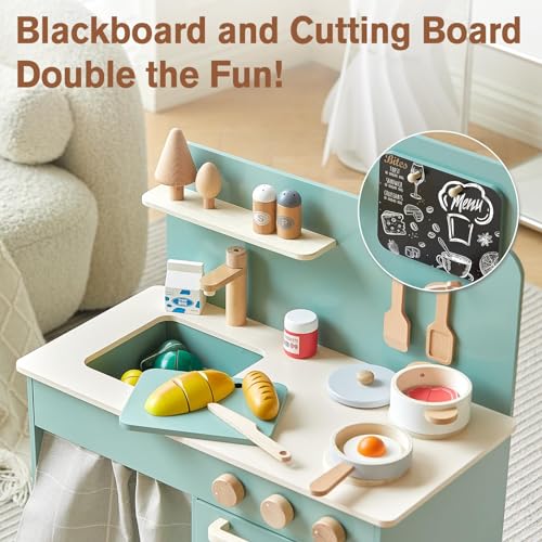 Giant bean Play Kitchen, Nordic Wooden Kitchen Playset Toy for Kids with Cookware Accessories, Pretend Play Cooking Food Set for 3+ Year Old Toddler Boys Girls - Thumbnail 2