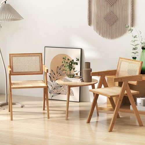 RELAX4LIFE Lot de 4 Chaise Salle a Manger en Bambou, Chaise Cannage Rotin avec Accoudoirs, Dossier Incurvé, Chaise Bois Chandigarh pour Salon Café Bar,...