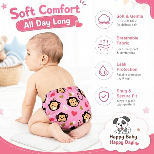 Image of GLUN Adjustable Reusable Baby Cloth Diaper with 2 Absorbent Inserts, Waterproof & Washable Pocket Nappy, Soft Comfortable Fit for Infants and Toddlers, Pink Monkey Print