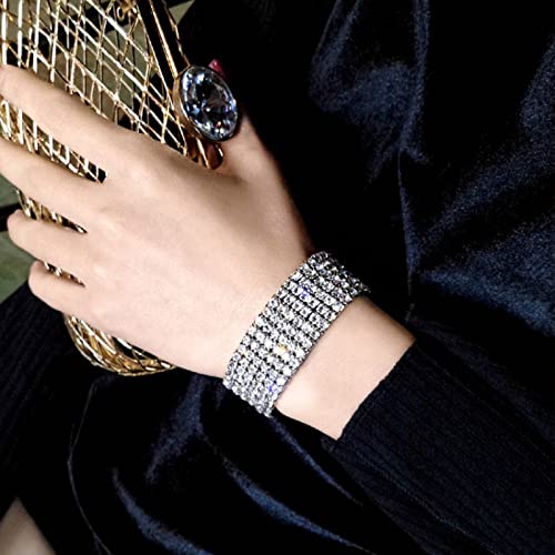Hlin Rhinestone Bracelet For Women 2Pcs Strand Stretch Silver-Tone Ab Sparkling Bridal Tennis Bangle #TOP7