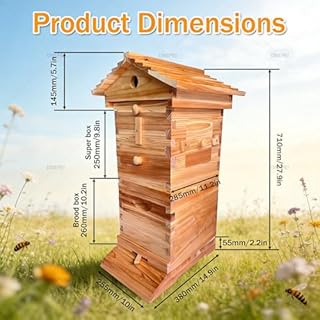 Flow Hive Style Beekeeping Starter Kit, Wooden Beehive with 4 Automatic Honey Frames & 6 Brood Frames, Clear Observation Window & Easy-Release Honey Spout, Perfect for Backyard Honey Harvest