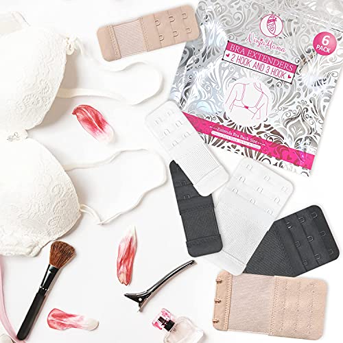Ninja Mama Bra Extender 2 Hook & 3 Hooks Bra Extenders & Pretty Storage Bag. Pack Of 6 – One Of Each Black, White And Nude. Bra Strap Extender For Pregnant And Postpartum Women In Between Bra Sizes #TOP3