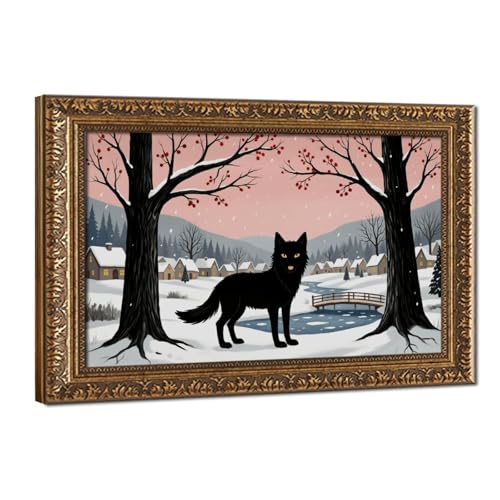 Poster paysage d'hiver sur toile 61x91.4 cm avec cadre doré rétro