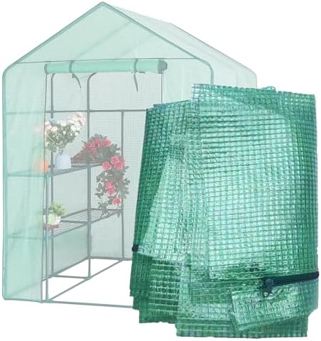 Greenhouse Replacement Cover, 56×56×76 Inch PE Walk-in Greenhouse Cover for Gardening Plants w/Roll-Up Zipper Door, Waterproof Frost Protection Wind Rain Proof, Easy Assembly (No Frames Include)