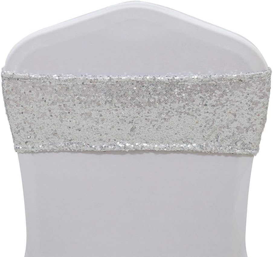 Super Brands TRLYC 10PCS 4x16 Silver Spandex Sequin Chair Sashes Wedding Sequin Chair Sash for Decoration